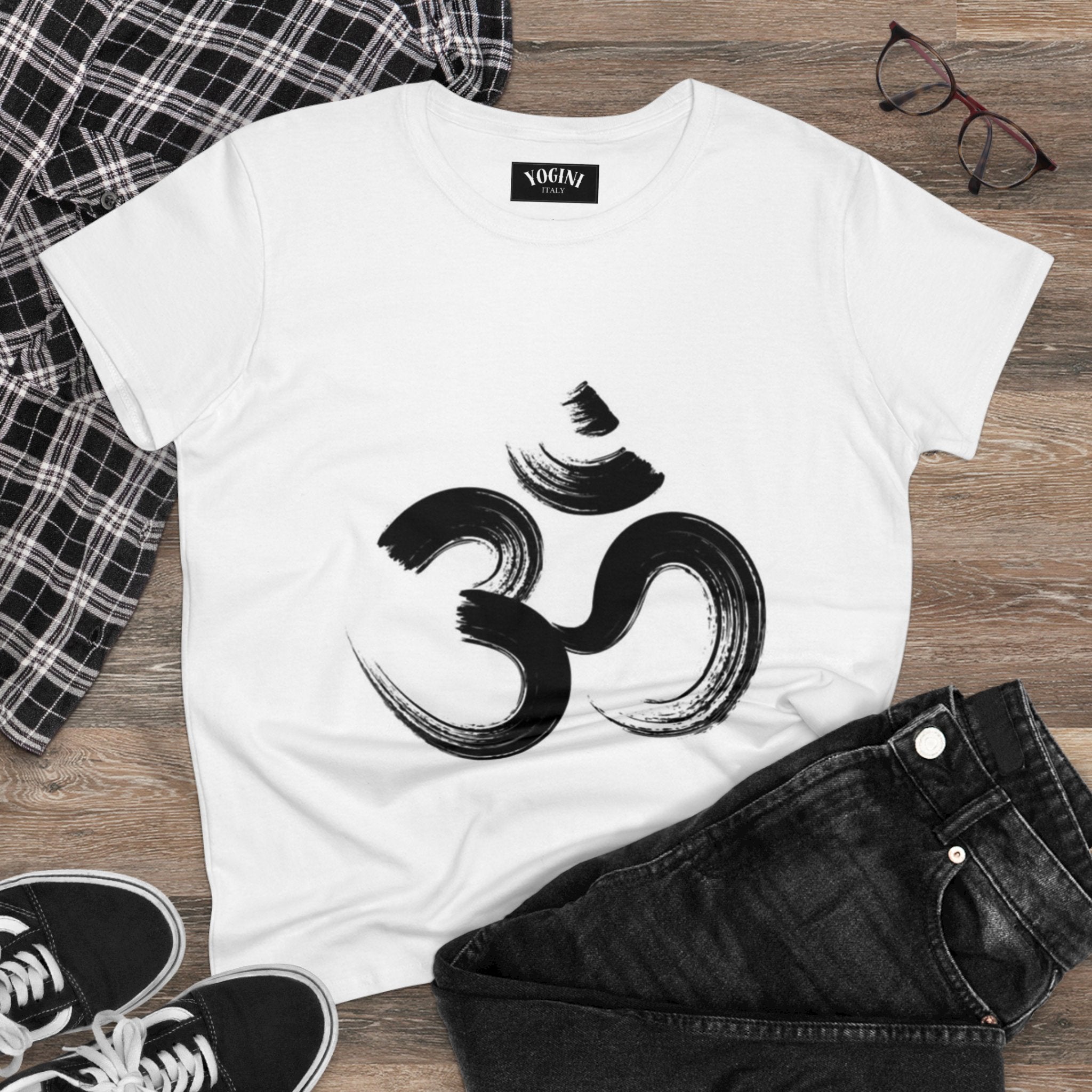 Om Yoga Women's Midweight Cotton Tee (White) by Yogini Italy