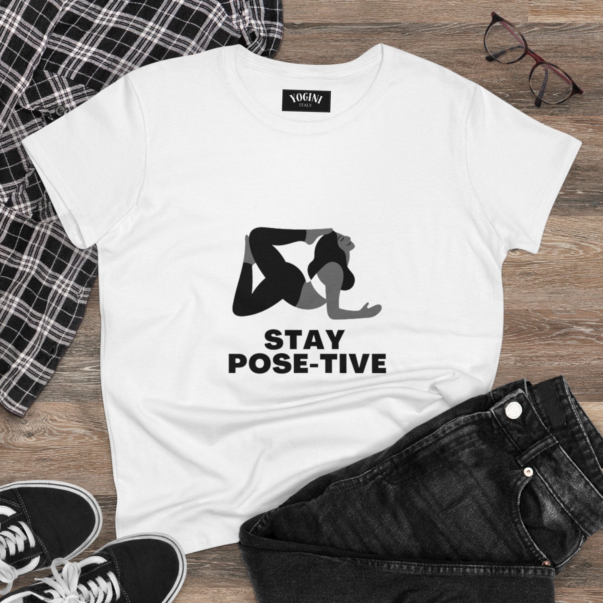 STAY POSE-TIVE - Women's Midweight Cotton Tee by Yogini Italy